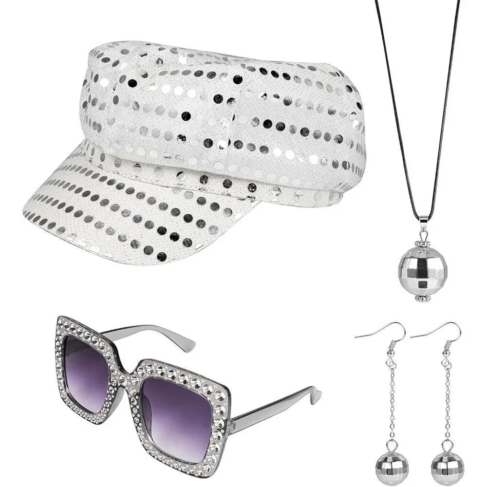 4PCS Disco Costume Accessories Set Sequin Hat Earrings Sunglasses Necklace for W